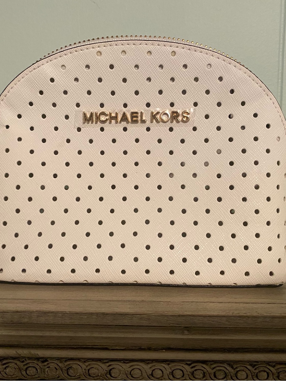NWOT Michael Kors White Perforated Dome Cosmetic Case with Gold Logo